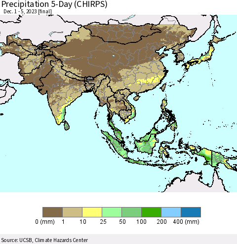 Asia Precipitation 5-Day (CHIRPS) Thematic Map For 12/1/2023 - 12/5/2023