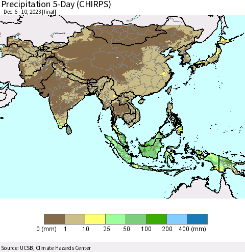Asia Precipitation 5-Day (CHIRPS) Thematic Map For 12/6/2023 - 12/10/2023