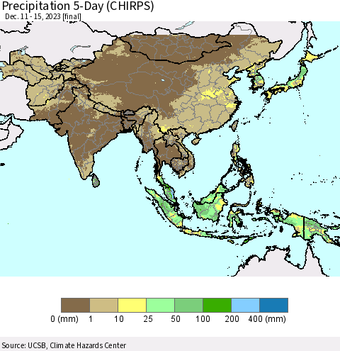 Asia Precipitation 5-Day (CHIRPS) Thematic Map For 12/11/2023 - 12/15/2023