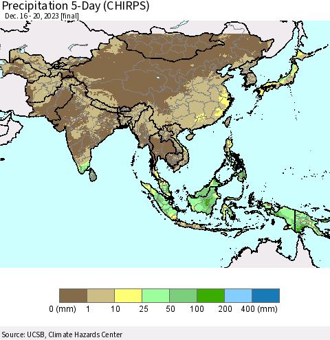 Asia Precipitation 5-Day (CHIRPS) Thematic Map For 12/16/2023 - 12/20/2023