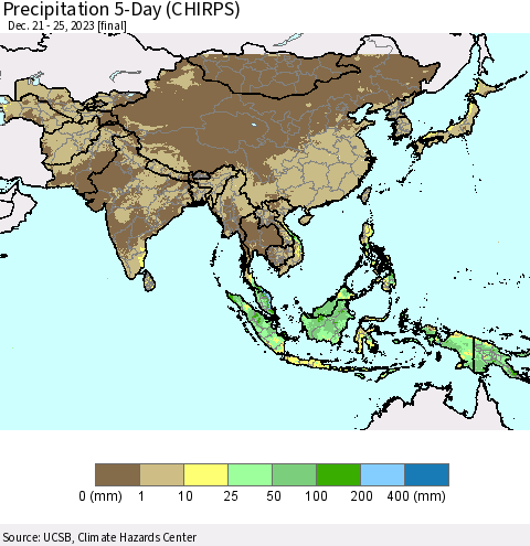 Asia Precipitation 5-Day (CHIRPS) Thematic Map For 12/21/2023 - 12/25/2023