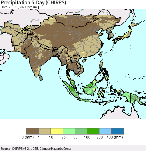 Asia Precipitation 5-Day (CHIRPS) Thematic Map For 12/26/2023 - 12/31/2023