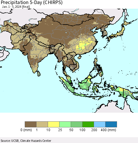 Asia Precipitation 5-Day (CHIRPS) Thematic Map For 1/1/2024 - 1/5/2024