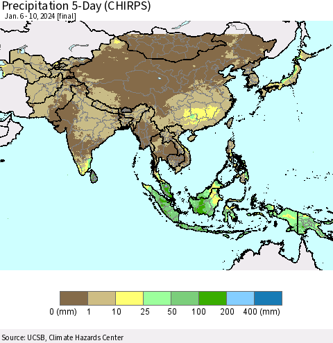 Asia Precipitation 5-Day (CHIRPS) Thematic Map For 1/6/2024 - 1/10/2024