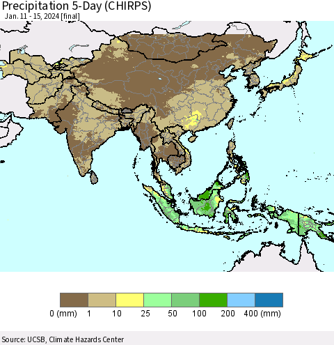 Asia Precipitation 5-Day (CHIRPS) Thematic Map For 1/11/2024 - 1/15/2024