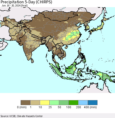 Asia Precipitation 5-Day (CHIRPS) Thematic Map For 1/16/2024 - 1/20/2024