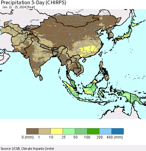 Asia Precipitation 5-Day (CHIRPS) Thematic Map For 1/21/2024 - 1/25/2024