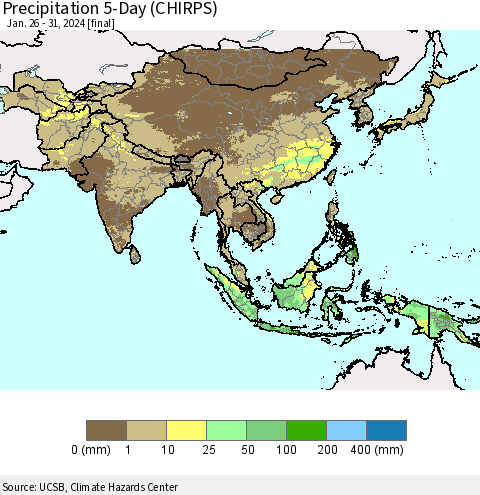 Asia Precipitation 5-Day (CHIRPS) Thematic Map For 1/26/2024 - 1/31/2024