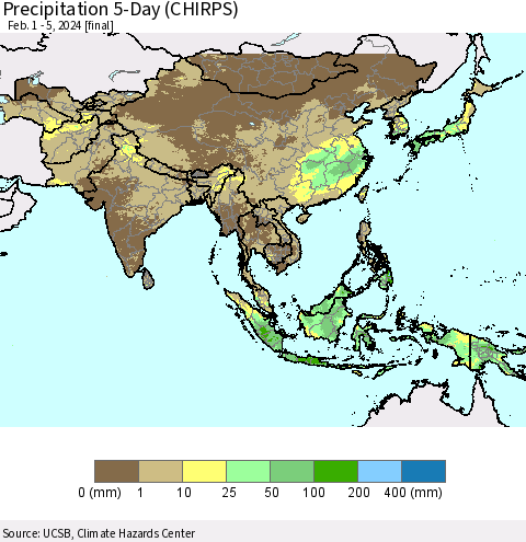 Asia Precipitation 5-Day (CHIRPS) Thematic Map For 2/1/2024 - 2/5/2024