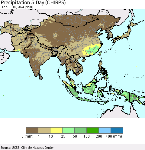 Asia Precipitation 5-Day (CHIRPS) Thematic Map For 2/6/2024 - 2/10/2024