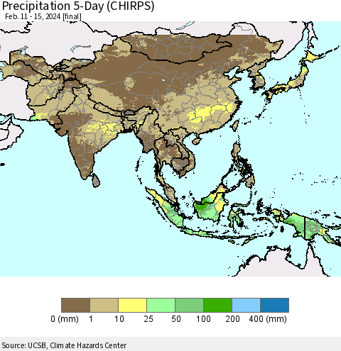 Asia Precipitation 5-Day (CHIRPS) Thematic Map For 2/11/2024 - 2/15/2024