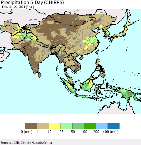 Asia Precipitation 5-Day (CHIRPS) Thematic Map For 2/16/2024 - 2/20/2024