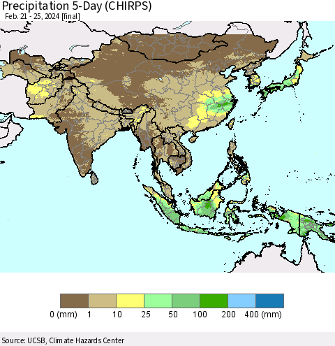Asia Precipitation 5-Day (CHIRPS) Thematic Map For 2/21/2024 - 2/25/2024