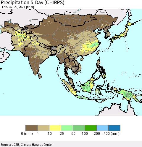Asia Precipitation 5-Day (CHIRPS) Thematic Map For 2/26/2024 - 2/29/2024