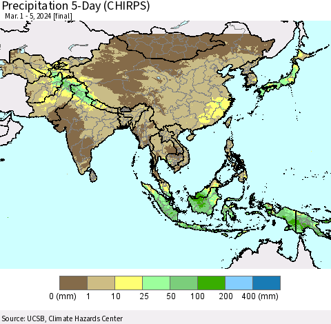 Asia Precipitation 5-Day (CHIRPS) Thematic Map For 3/1/2024 - 3/5/2024