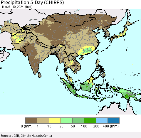 Asia Precipitation 5-Day (CHIRPS) Thematic Map For 3/6/2024 - 3/10/2024