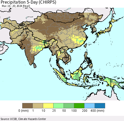 Asia Precipitation 5-Day (CHIRPS) Thematic Map For 3/16/2024 - 3/20/2024
