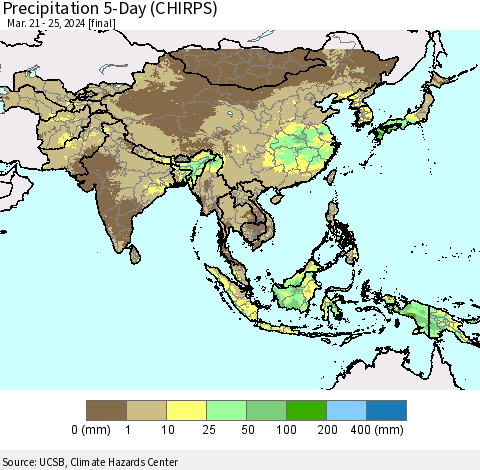 Asia Precipitation 5-Day (CHIRPS) Thematic Map For 3/21/2024 - 3/25/2024
