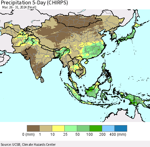 Asia Precipitation 5-Day (CHIRPS) Thematic Map For 3/26/2024 - 3/31/2024