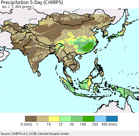 Asia Precipitation 5-Day (CHIRPS) Thematic Map For 4/1/2024 - 4/5/2024