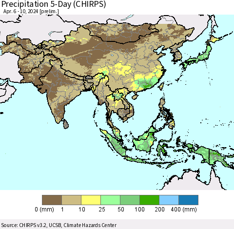 Asia Precipitation 5-Day (CHIRPS) Thematic Map For 4/6/2024 - 4/10/2024