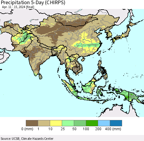 Asia Precipitation 5-Day (CHIRPS) Thematic Map For 4/11/2024 - 4/15/2024