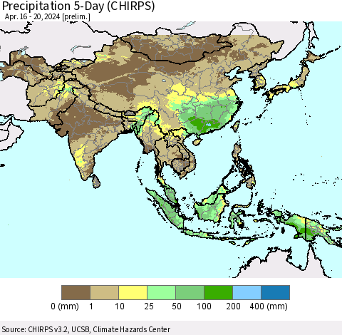 Asia Precipitation 5-Day (CHIRPS) Thematic Map For 4/16/2024 - 4/20/2024