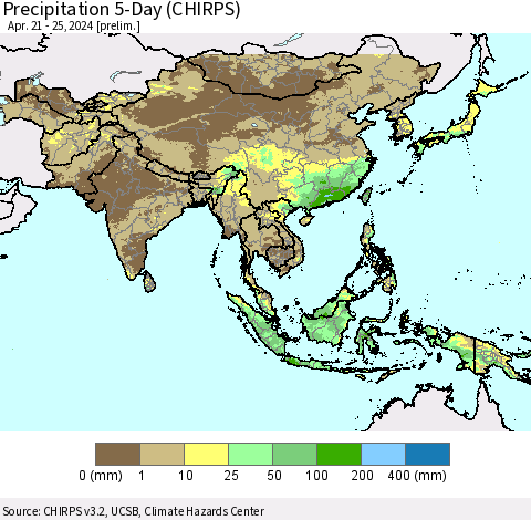 Asia Precipitation 5-Day (CHIRPS) Thematic Map For 4/21/2024 - 4/25/2024