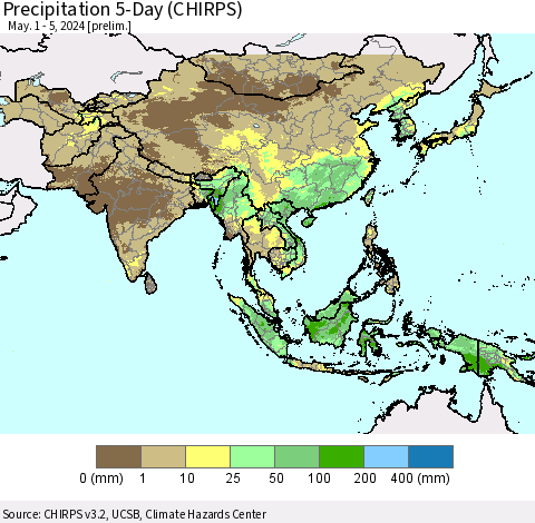 Asia Precipitation 5-Day (CHIRPS) Thematic Map For 5/1/2024 - 5/5/2024