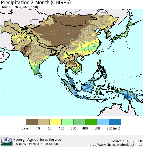 Asia Precipitation 2-Month (CHIRPS) Thematic Map For 11/6/2021 - 1/5/2022
