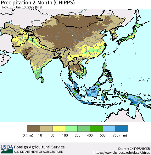 Asia Precipitation 2-Month (CHIRPS) Thematic Map For 11/11/2021 - 1/10/2022