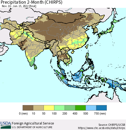 Asia Precipitation 2-Month (CHIRPS) Thematic Map For 11/16/2021 - 1/15/2022
