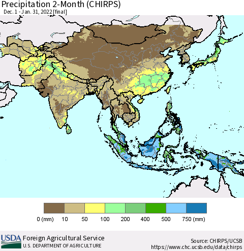 Asia Precipitation 2-Month (CHIRPS) Thematic Map For 12/1/2021 - 1/31/2022