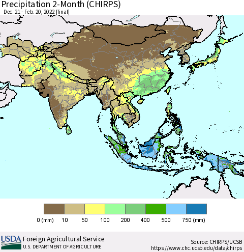 Asia Precipitation 2-Month (CHIRPS) Thematic Map For 12/21/2021 - 2/20/2022