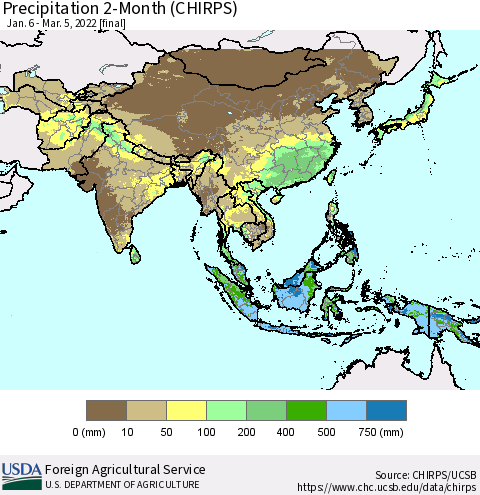 Asia Precipitation 2-Month (CHIRPS) Thematic Map For 1/6/2022 - 3/5/2022