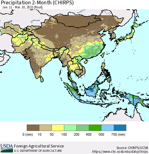 Asia Precipitation 2-Month (CHIRPS) Thematic Map For 1/11/2022 - 3/10/2022