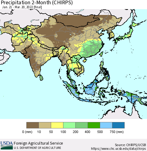Asia Precipitation 2-Month (CHIRPS) Thematic Map For 1/21/2022 - 3/20/2022