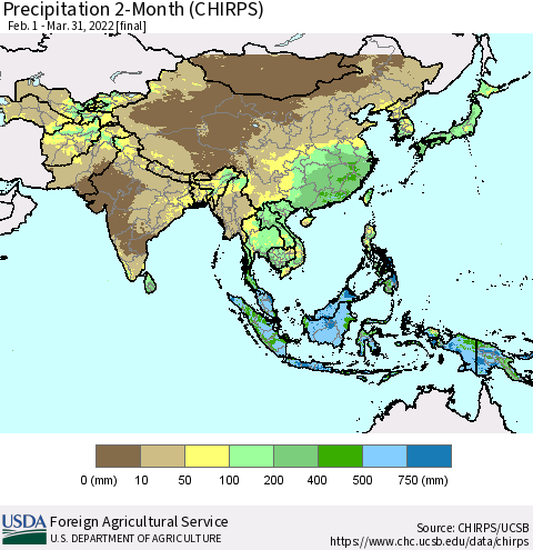 Asia Precipitation 2-Month (CHIRPS) Thematic Map For 2/1/2022 - 3/31/2022