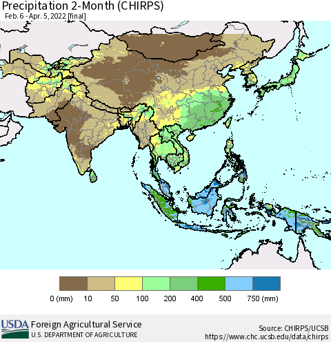 Asia Precipitation 2-Month (CHIRPS) Thematic Map For 2/6/2022 - 4/5/2022