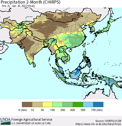 Asia Precipitation 2-Month (CHIRPS) Thematic Map For 2/21/2022 - 4/20/2022