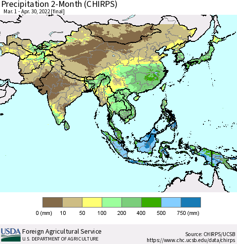 Asia Precipitation 2-Month (CHIRPS) Thematic Map For 3/1/2022 - 4/30/2022