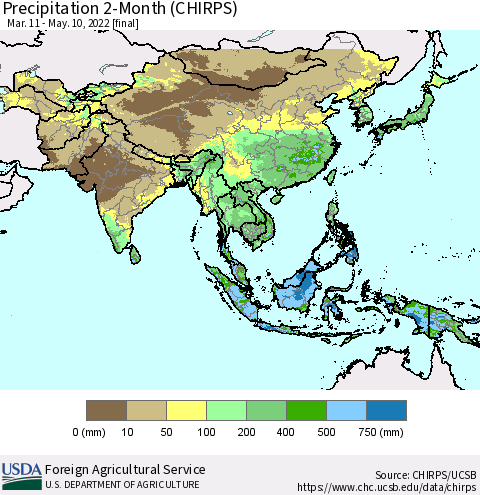 Asia Precipitation 2-Month (CHIRPS) Thematic Map For 3/11/2022 - 5/10/2022