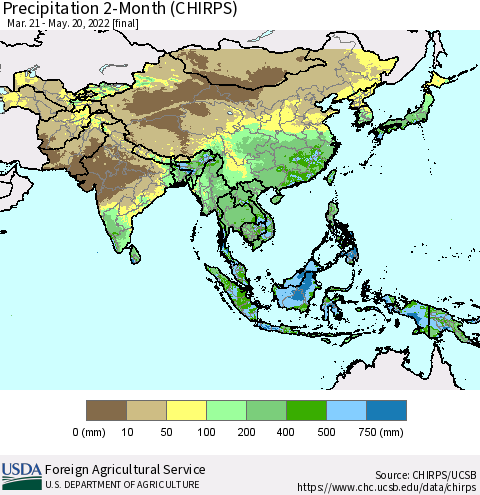Asia Precipitation 2-Month (CHIRPS) Thematic Map For 3/21/2022 - 5/20/2022