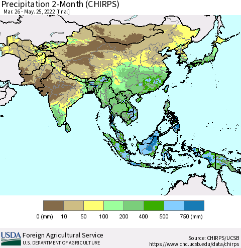 Asia Precipitation 2-Month (CHIRPS) Thematic Map For 3/26/2022 - 5/25/2022