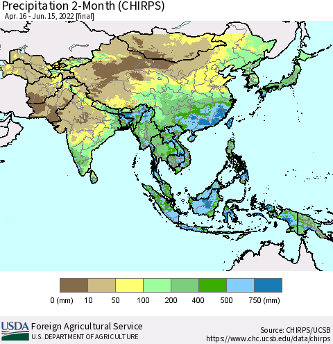 Asia Precipitation 2-Month (CHIRPS) Thematic Map For 4/16/2022 - 6/15/2022