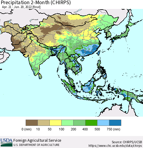 Asia Precipitation 2-Month (CHIRPS) Thematic Map For 4/21/2022 - 6/20/2022