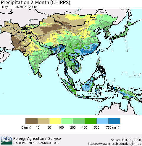 Asia Precipitation 2-Month (CHIRPS) Thematic Map For 5/1/2022 - 6/30/2022