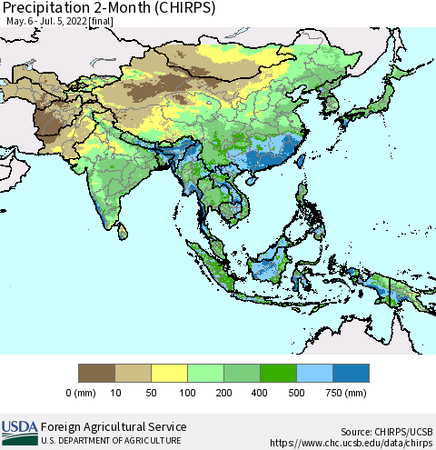 Asia Precipitation 2-Month (CHIRPS) Thematic Map For 5/6/2022 - 7/5/2022
