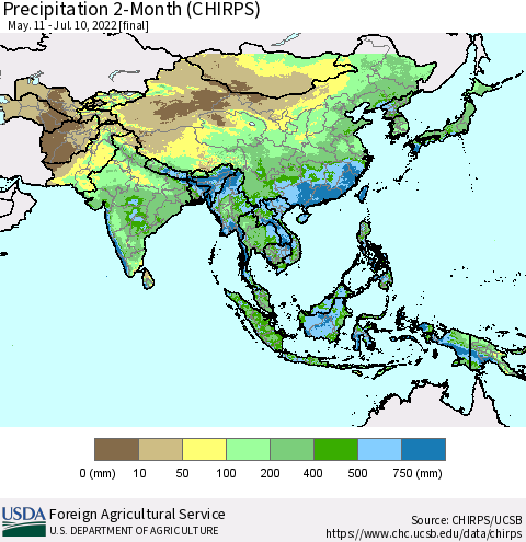 Asia Precipitation 2-Month (CHIRPS) Thematic Map For 5/11/2022 - 7/10/2022