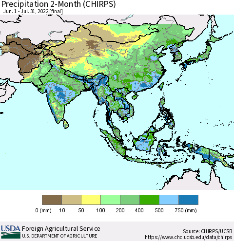 Asia Precipitation 2-Month (CHIRPS) Thematic Map For 6/1/2022 - 7/31/2022